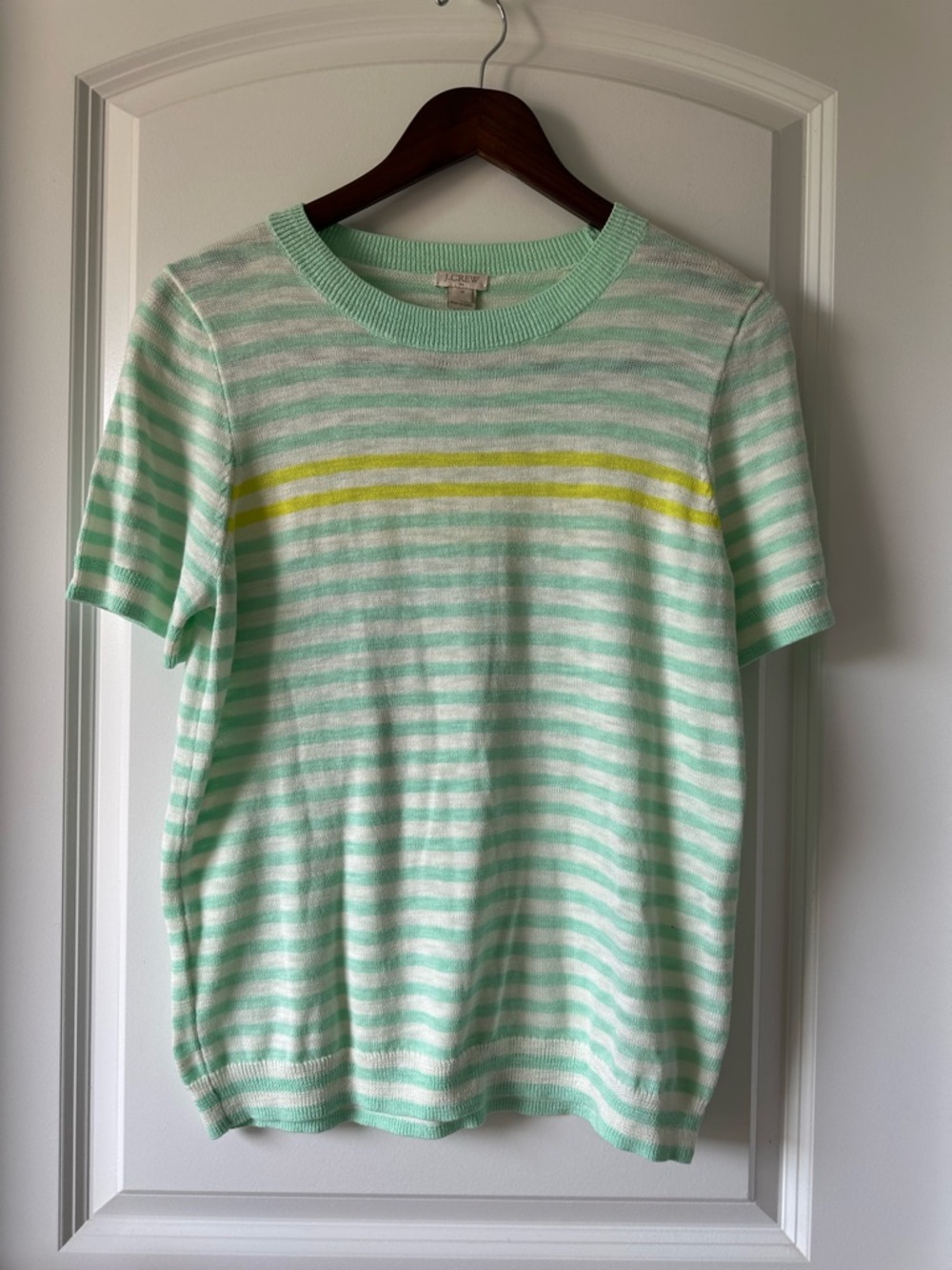 J. Crew Mint and White Striped Short-Sleeve Sweater with Yellow Chest Stripe